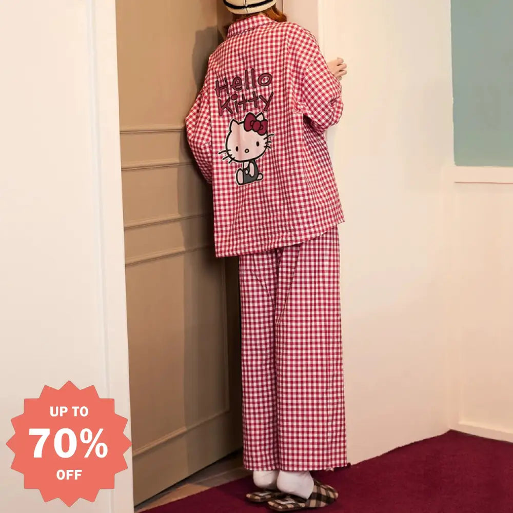 春秋用 パジャマ 上下セット K T猫 レッドチェック ナイトウェア かわいい 可愛い レディース コットン ルームウェアセット ID3890 レディース＞セットアップ