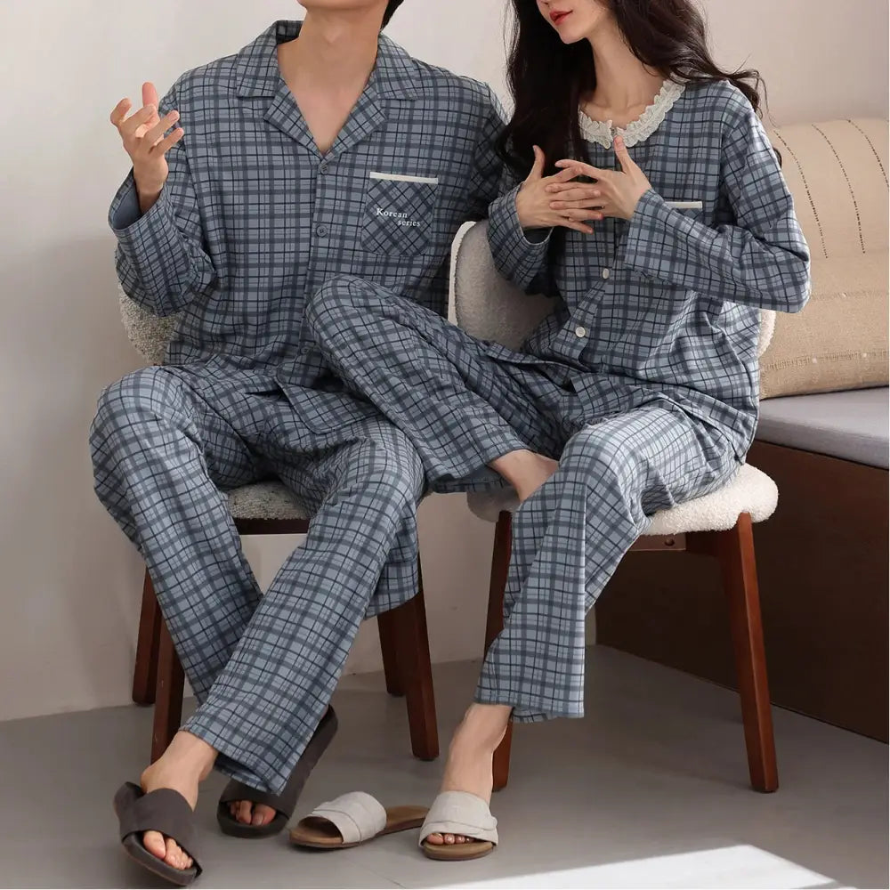 春秋用 ペア パジャマ 前開き カーディガン 長袖 パジャマセット シンプル 綿 ルームウェア ペア おしゃれ カップル 結婚祝い プレゼント お揃い ID4740 - 写真通り / レディースＭ