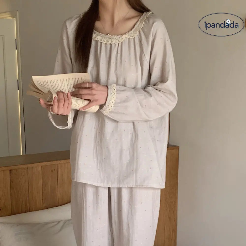 春秋用 レディース コットン かーぜ レース 花柄 快適 パジャマ ゆったり リラックス セットアップ 部屋着 ルームウェア ID2301