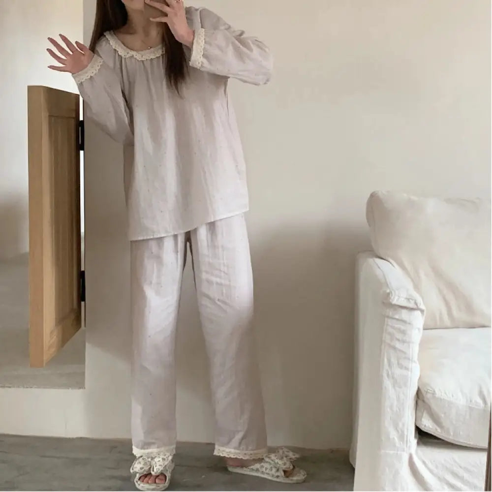 春秋用 レディース コットン かーぜ レース 花柄 快適 パジャマ ゆったり リラックス セットアップ 部屋着 ルームウェア ID2301 タイプ③ / フリー