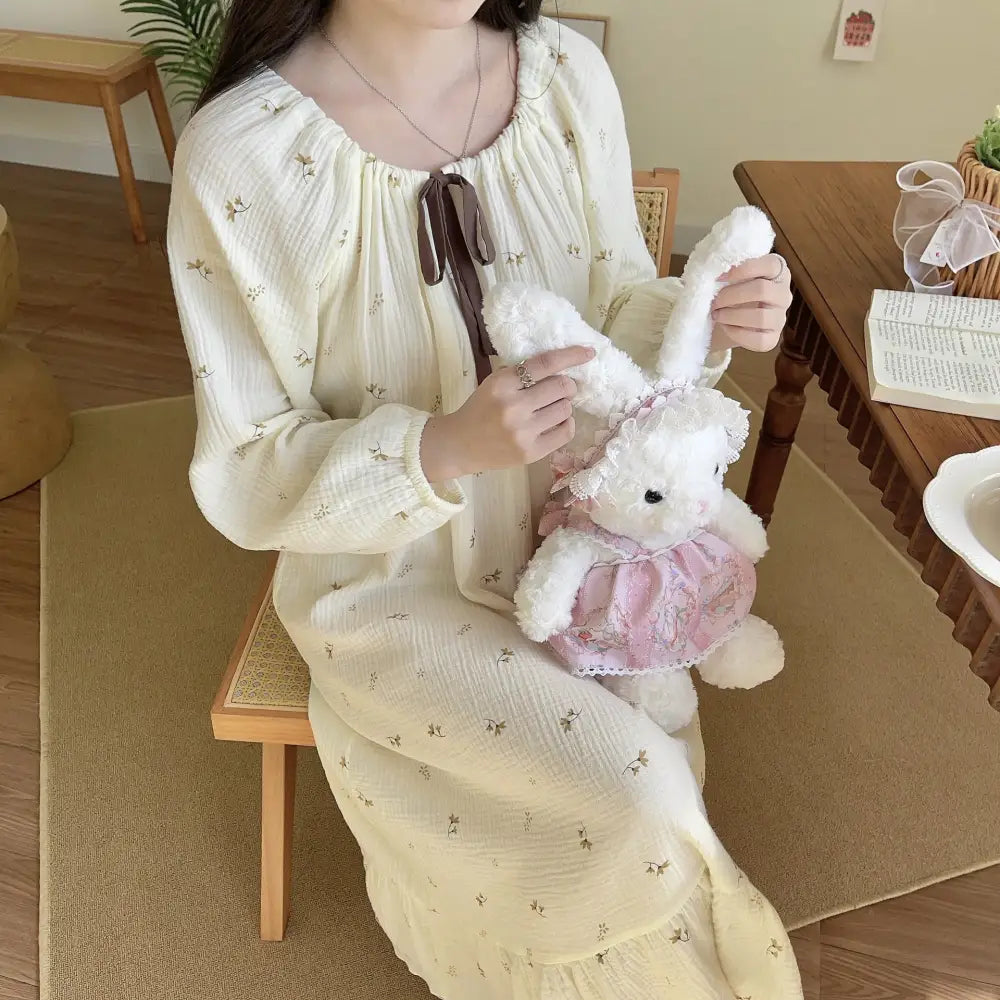 春秋用 長袖 全綿 パジャマ ワンピース 純綿 快適 透湿 カジュアル かわいい ロングドレス 首元 ひも 調節可能 ID2459 タイプ② / フリー