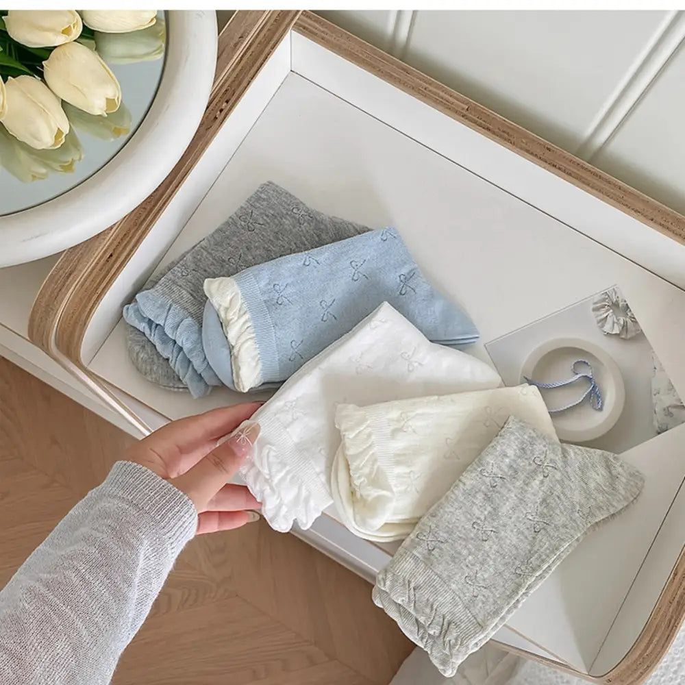 ID590 春夏 薄手 レースアップ 3足セット リボン クルーソックス レディース 通気性 吸汗 たたみソックス 日系 バブル口 5足セット（ダークグレー1 + ブルー1 + ホワイト1 + アイボリー1 + ライトグレー）