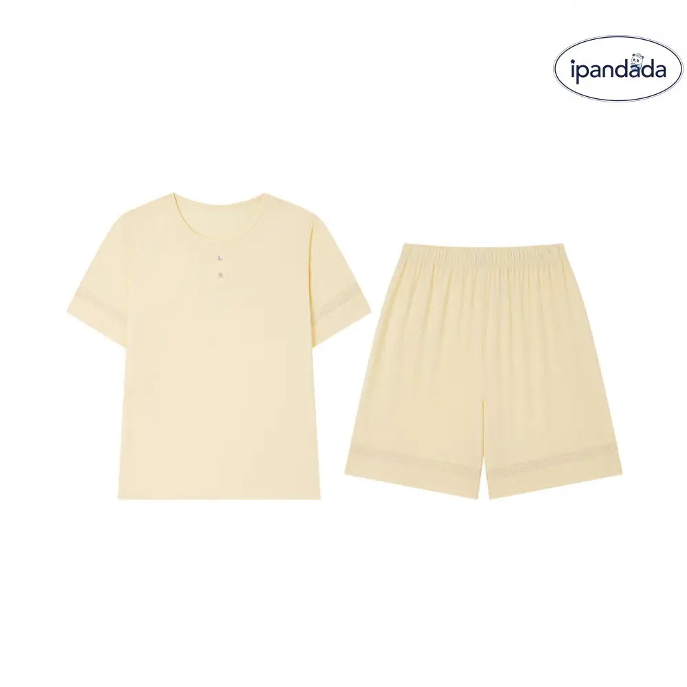 ID1150 春夏季 高級レース 桑蚕糸 女性用 丸首 半袖 ショートパンツ ルーズセット ホーム＆外出用 プレミアム 涼感 吸汗速乾 抗菌 軽量 シンプル 上品 リラックス ナチュラル 清潔感 イエロー / M レディース＞セットアップ