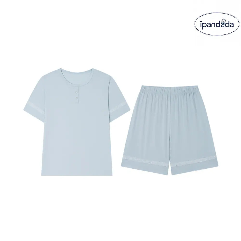 ID1150 春夏季 高級レース 桑蚕糸 女性用 丸首 半袖 ショートパンツ ルーズセット ホーム＆外出用 プレミアム 涼感 吸汗速乾 抗菌 軽量 シンプル 上品 リラックス ナチュラル 清潔感 ブルー / M レディース＞セットアップ