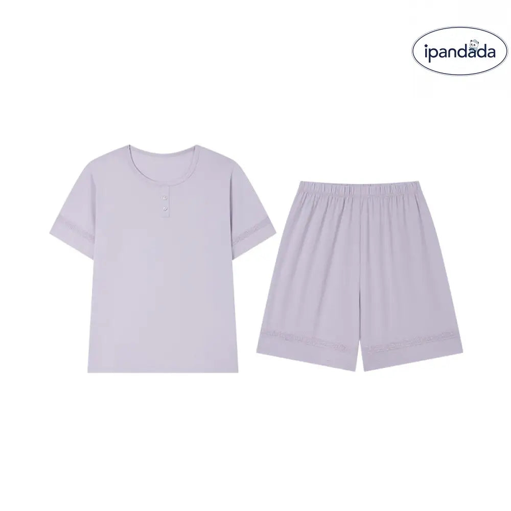 ID1150 春夏季 高級レース 桑蚕糸 女性用 丸首 半袖 ショートパンツ ルーズセット ホーム＆外出用 プレミアム 涼感 吸汗速乾 抗菌 軽量 シンプル 上品 リラックス ナチュラル 清潔感 パープル / M レディース＞セットアップ
