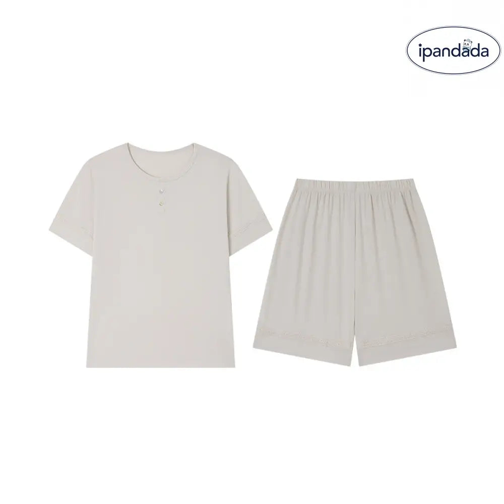 ID1150 春夏季 高級レース 桑蚕糸 女性用 丸首 半袖 ショートパンツ ルーズセット ホーム＆外出用 プレミアム 涼感 吸汗速乾 抗菌 軽量 シンプル 上品 リラックス ナチュラル 清潔感 グレー / M レディース＞セットアップ