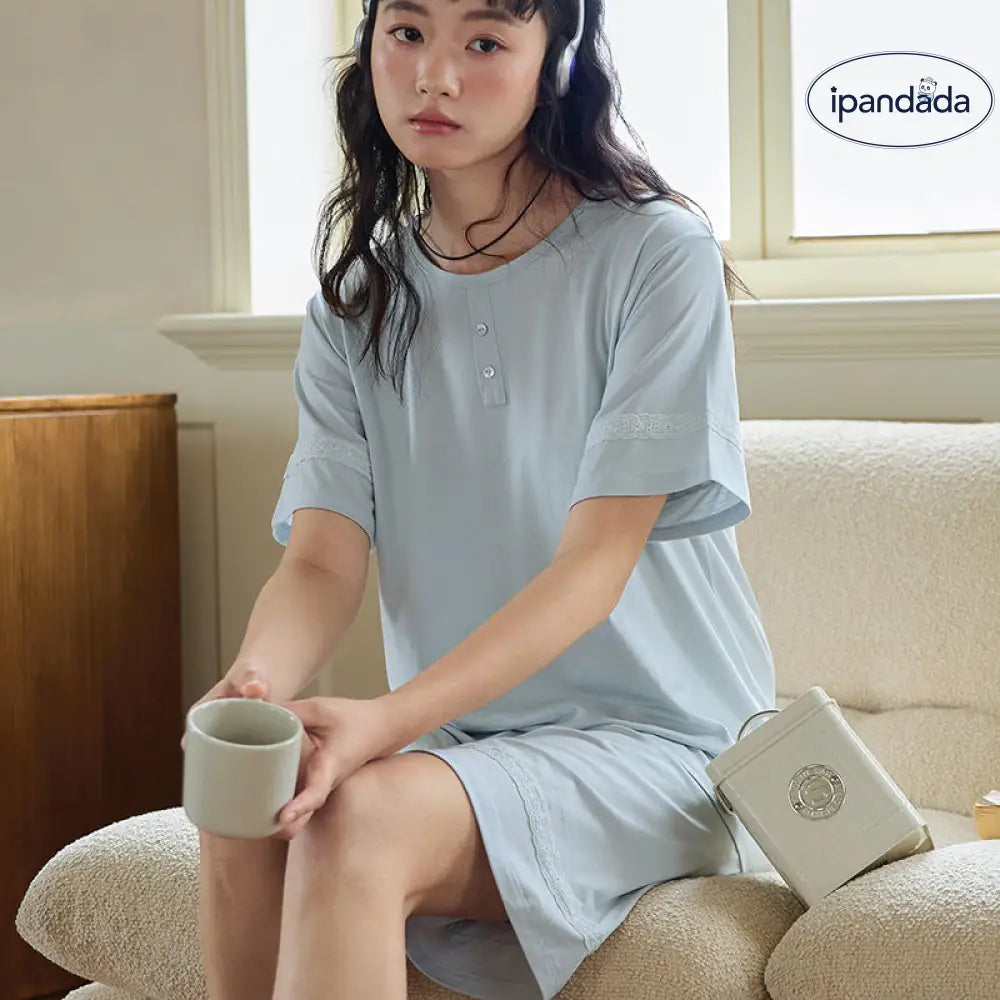 ID1150 春夏季 高級レース 桑蚕糸 女性用 丸首 半袖 ショートパンツ ルーズセット ホーム＆外出用 プレミアム 涼感 吸汗速乾 抗菌 軽量 シンプル 上品 リラックス ナチュラル 清潔感 レディース＞セットアップ