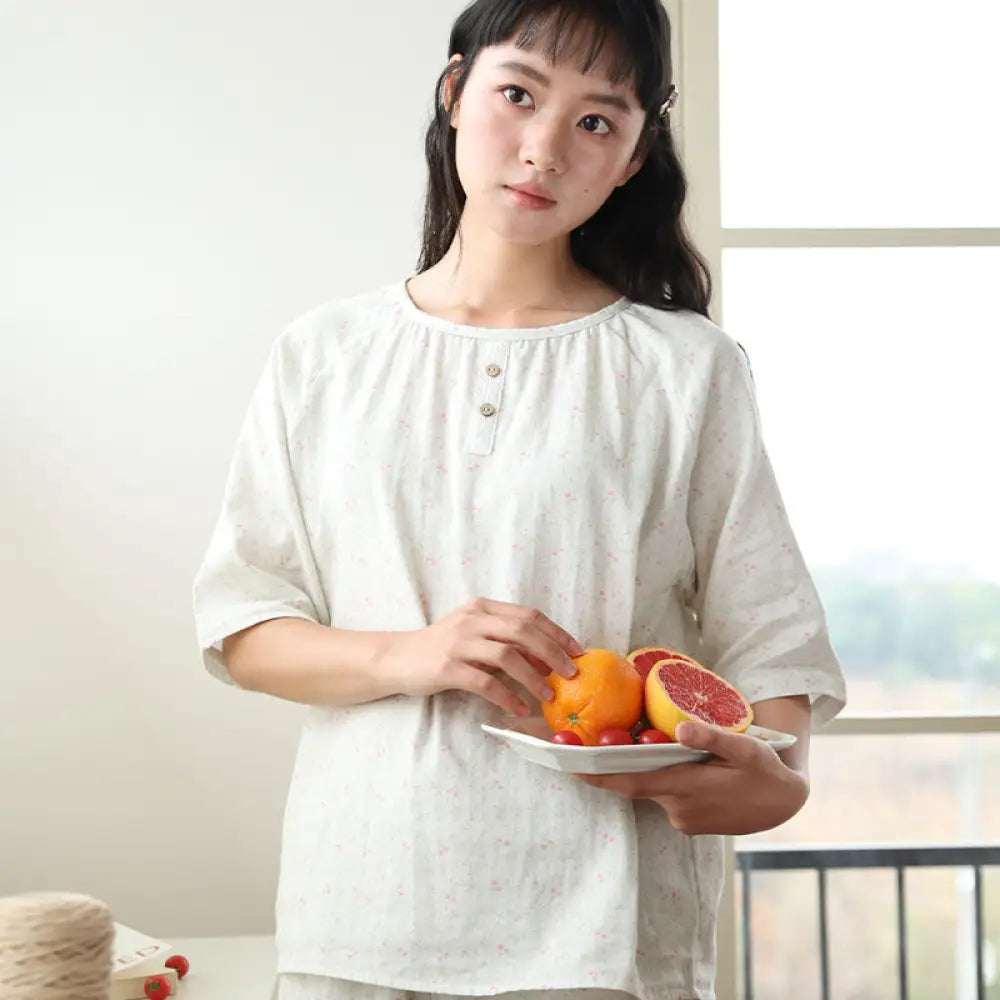 ID1151 春夏季 コットン100% 女性用 新作 ボタン付き ルーズフィット 半袖 ショートパンツ セット カジュアル 肌触り良い プリント 外出用 パジャマ シンプルデザイン リラックス 涼感 吸汗速乾 レディース＞セットアップ