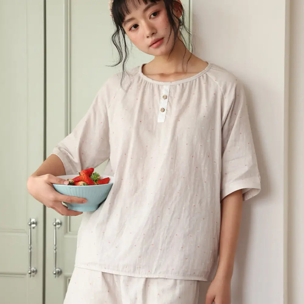 ID1151 春夏季 コットン100% 女性用 新作 ボタン付き ルーズフィット 半袖 ショートパンツ セット カジュアル 肌触り良い プリント 外出用 パジャマ シンプルデザイン リラックス 涼感 吸汗速乾 レディース＞セットアップ
