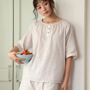 ID1151 春夏季 コットン100% 女性用 新作 ボタン付き ルーズフィット 半袖 ショートパンツ セット カジュアル 肌触り良い プリント 外出用 パジャマ シンプルデザイン リラックス 涼感 吸汗速乾 レディース＞セットアップ