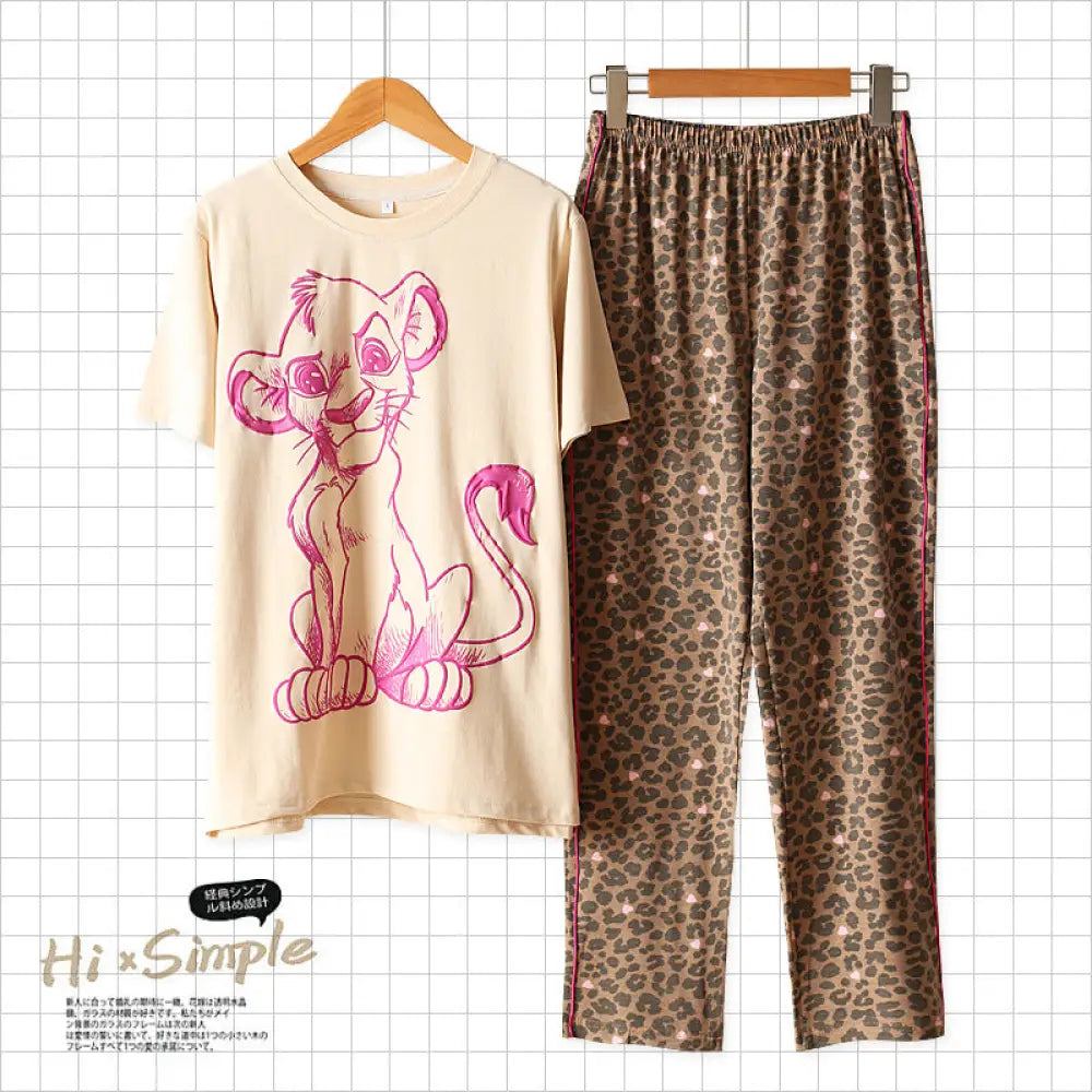 春夏 レディース パジャマ 半袖 ロングパンツ セット カートゥーン ライオンキング シンバ ヒョウ柄 ルームウェア ID4703 - 写真通り / M