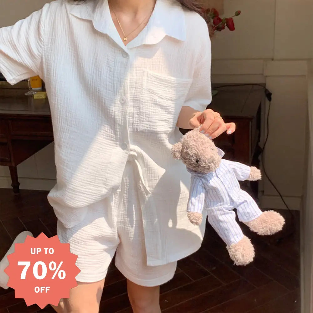 ID747 春夏 レディース パジャマ 綿100% 半袖 通気性 快適 柔らかい 韓国風 無地 上品 シンプル 外出 可 ルームウェア 全綿 セット ホワイト / M レディース＞セットアップ