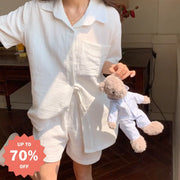 ID747 春夏 レディース パジャマ 綿100% 半袖 通気性 快適 柔らかい 韓国風 無地 上品 シンプル 外出 可 ルームウェア 全綿 セット ホワイト / M レディース＞セットアップ