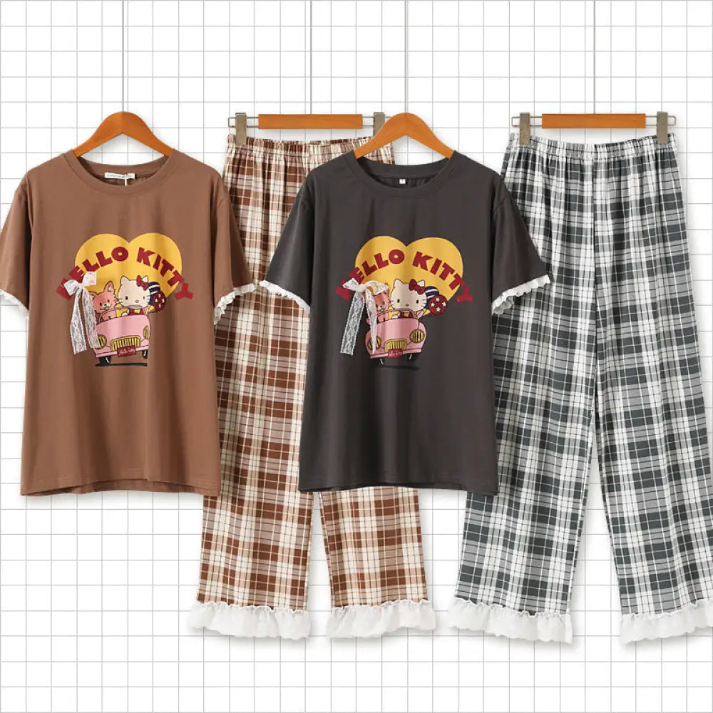 春夏新作 カートゥーン KT猫柄 半袖 ロングパンツ パジャマ フリルレース ルームウェアセット ID4652