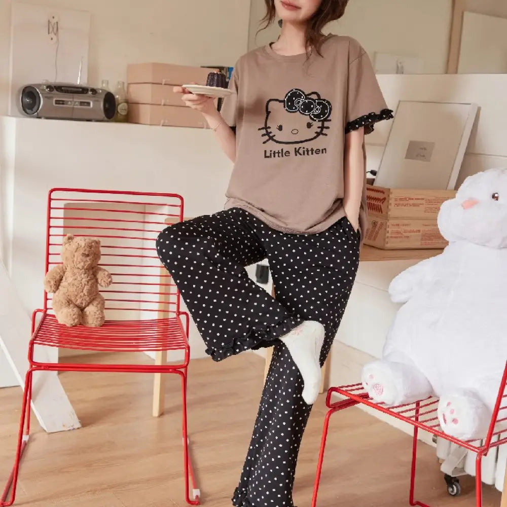 春夏新作 かわいい ねこ 半袖 長ズボン ルームウェア パジャマ セット 女子 部屋着 洗える 韓国風 大人可愛い ゆるめ リラックス パジャマ ID4827 - ブラウン / M - レディース＞セットアップ