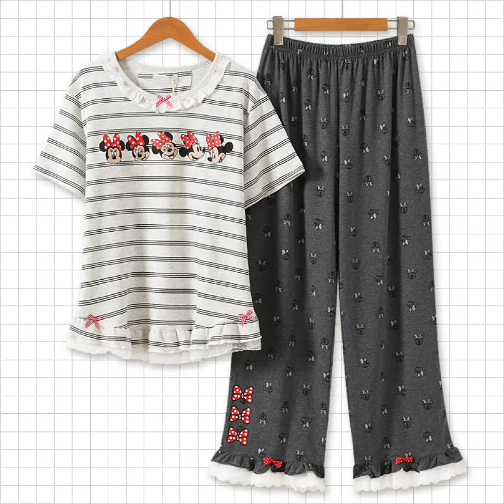 春夏 新作 パジャマ セット かわいい カートゥーン ストライプ レース 半袖 ロングパンツ ルームウェア ID4704
