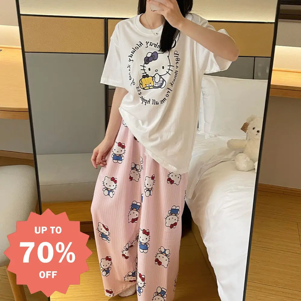 春夏 新作 レディース パジャマ ラウンドネック カートゥーン 半袖 ロングパンツ カジュアル ルームウェア セット ID4706