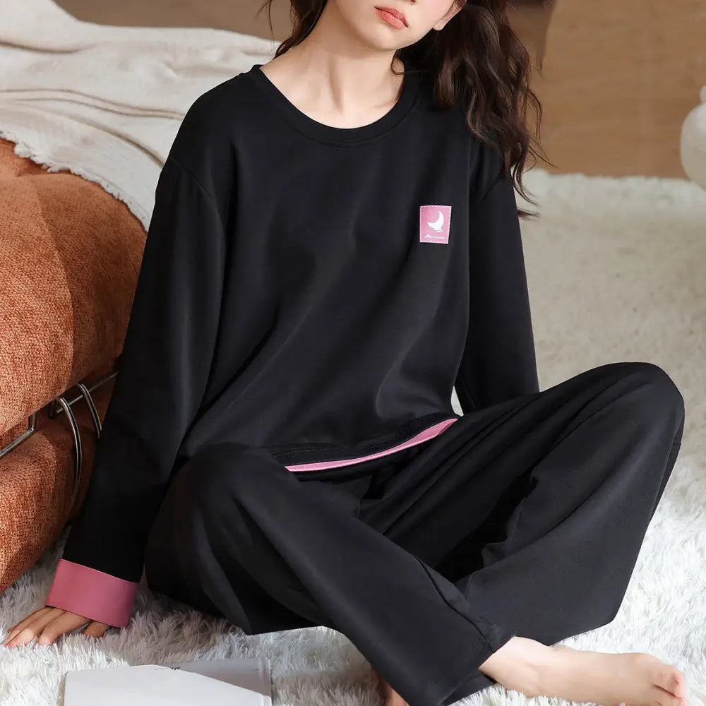 春夏 新作 胸パッド付き プルオーバー 長袖 上下セット 大人用 ルームウェア 可愛い パジャマ レディース ルームウェア セットアップ ID4803 - ブラック / M - レディース＞セットアップ