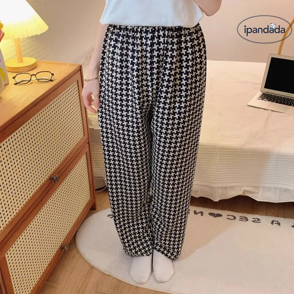 ID605 春夏用 千鳥格子 レディース パジャマパンツ 長丈 韓国風 ビッグサイズ ルームウェア 外出可 おしゃれ レディース＞ボトムス