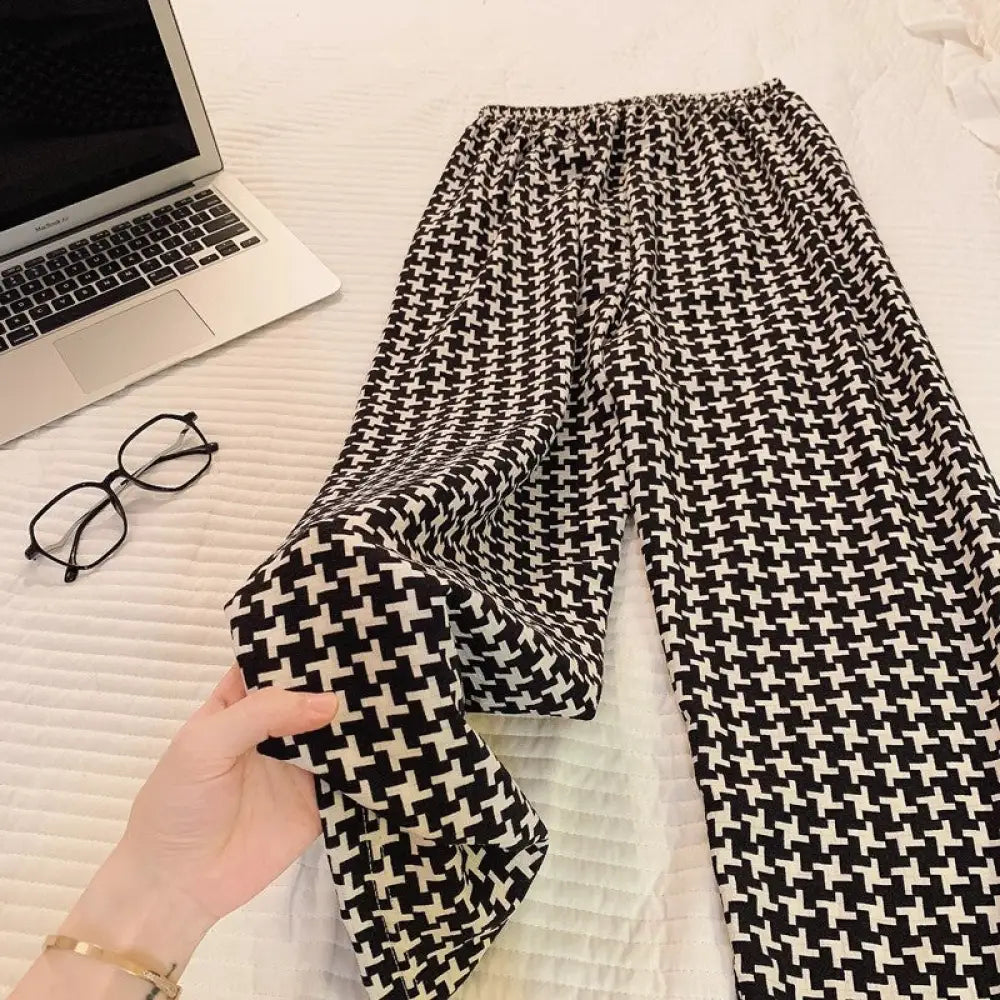 ID605 春夏用 千鳥格子 レディース パジャマパンツ 長丈 韓国風 ビッグサイズ ルームウェア 外出可 おしゃれ 千鳥格子 / M レディース＞ボトムス