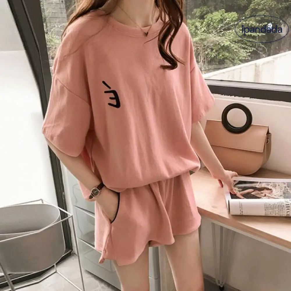 ID1064 刺繍文字 M～4XL 大サイズ 女性用 夏用セット ホームウェア兼外出用 ゆったりショートパンツ＆トップス 2点セット ピンク / M 外出着＞セットアップ