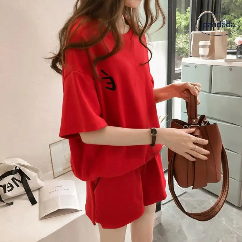 ID1064 刺繍文字 M～4XL 大サイズ 女性用 夏用セット ホームウェア兼外出用 ゆったりショートパンツ＆トップス 2点セット レッド / M 外出着＞セットアップ