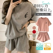 ID1064 刺繍文字 M～4XL 大サイズ 女性用 夏用セット ホームウェア兼外出用 ゆったりショートパンツ＆トップス 2点セット 外出着＞セットアップ