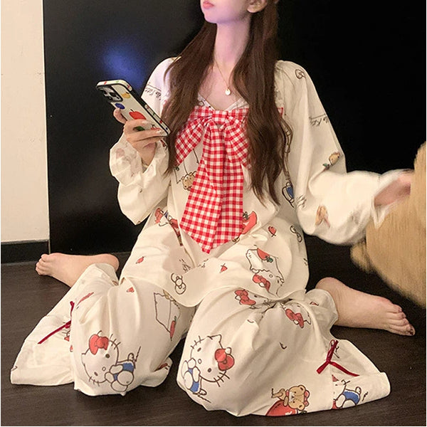 かわいい リボン柄 パジャマ レディース 春夏 長袖 甘め ガーリー フェミニン 少女 大きいサイズ ビッグサイズ 柔らか 肌触り ルームウェア 部屋着 セットアップ ツーピース おしゃれ リラックス プレゼント ギフト ID4258