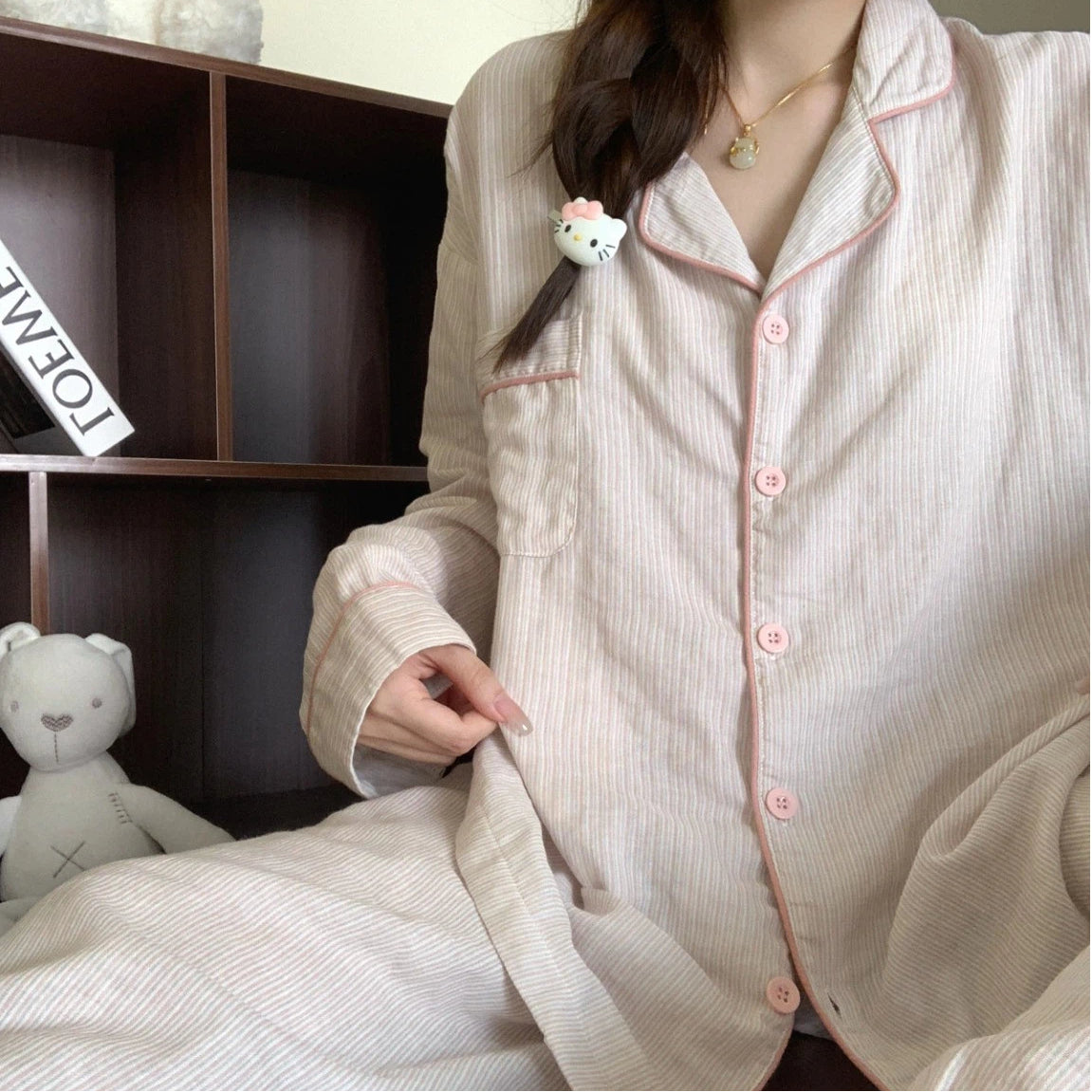 レディース パジャマ リラックス 大人可愛い プレゼント 春秋 長袖 セット 大きいサイズ 韓国風 ストライプ ルームウェア 高級感 ID4318