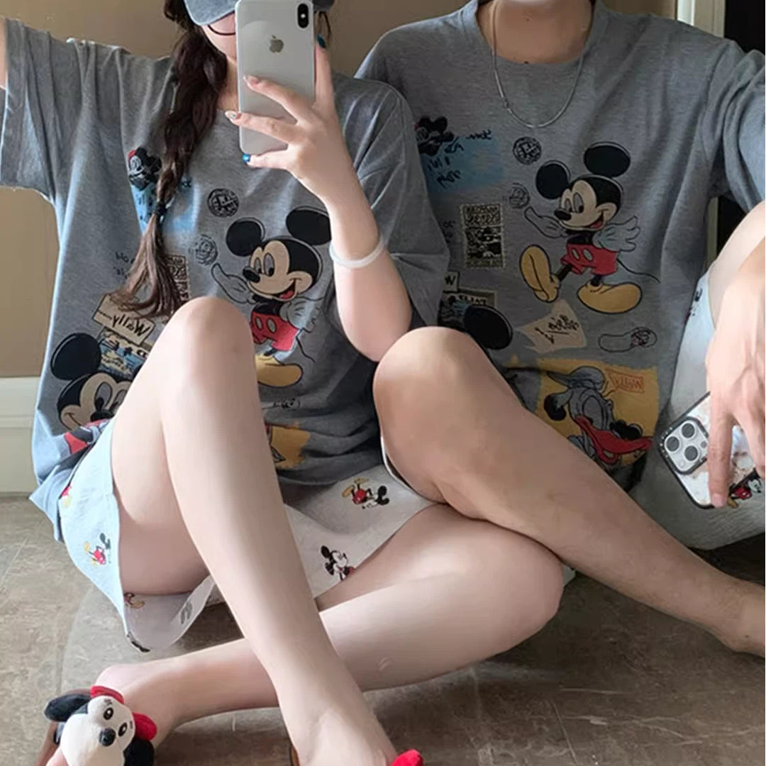 カップル パジャマ レディース 夏 半袖 綿 セット かわいい カートゥーン ミッキー メンズ プルオーバー ルームウェア 肌にやさしい 快適 ゆったり ID4717