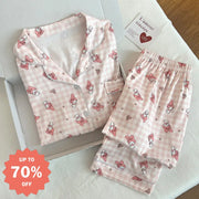 メロディ パジャマ レディース 綿100%  春 秋 長袖 セットアップ 夏 カジュアル チェック ルームウェア ホームウェア かわいい 快適 ゆったり 吸汗 通気性 おしゃれ 女性用 寝具 ピンク ソフト 着心地 休日 リラックス プレーン シンプル デザイン ID1997