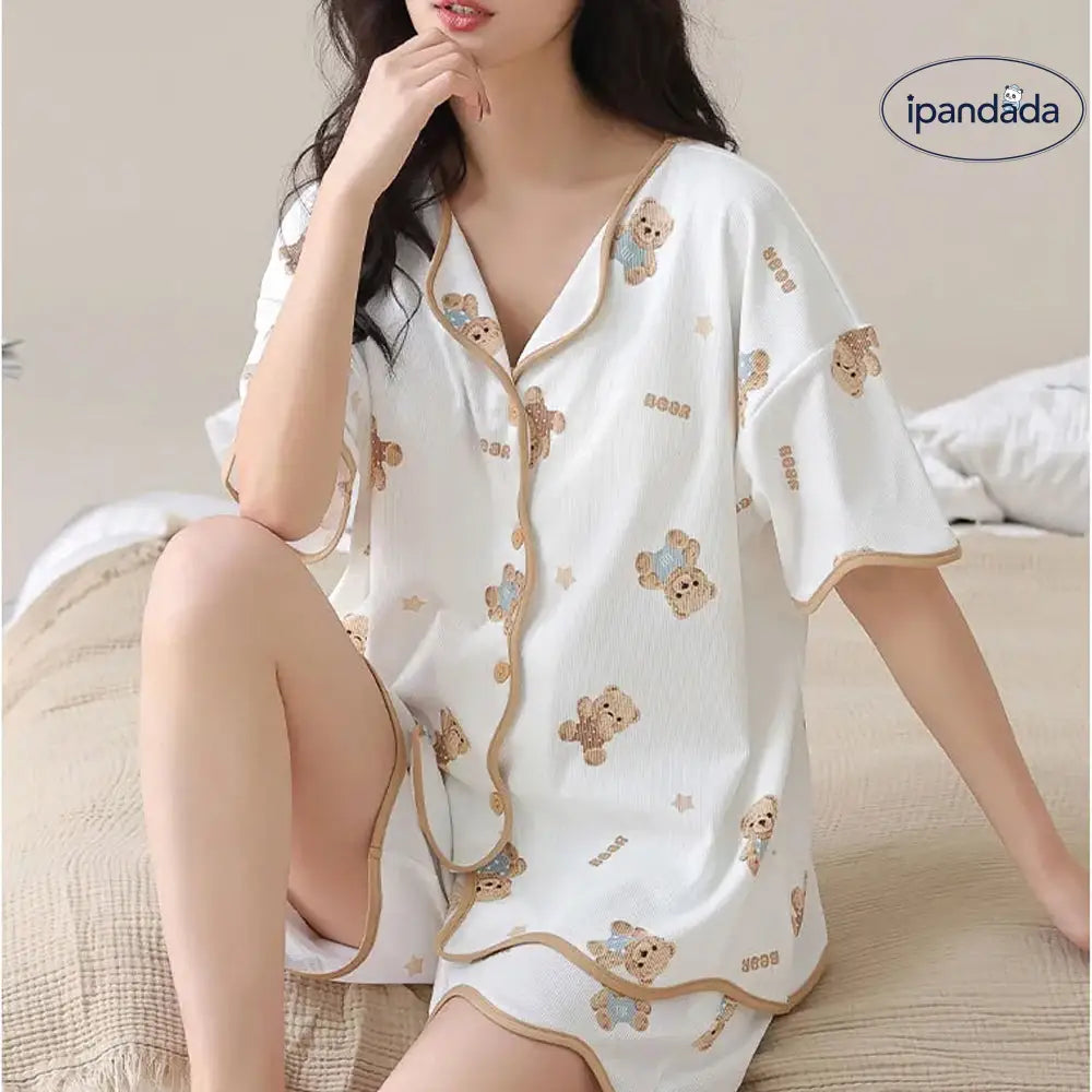 ID952 「大人気＆低価格」パジャマ レディース 夏用 韓国インスタ風 バブルガーゼ パジャマセット 女性用 半袖トップ＆ショーツ ゆったり お出かけ対応 夏用 可愛いデザイン レディース＞セットアップ