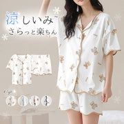 ID952 「大人気＆低価格」パジャマ レディース 夏用 韓国インスタ風 バブルガーゼ パジャマセット 女性用 半袖トップ＆ショーツ ゆったり お出かけ対応 夏用 可愛いデザイン レディース＞セットアップ