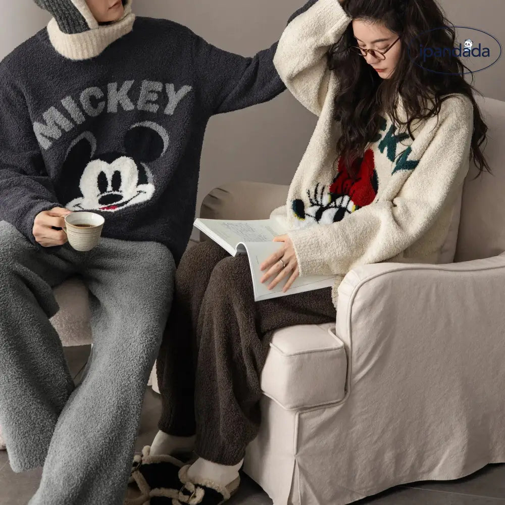 カップル パジャマ 女性用 男性用 冬 カートゥーン ラウンドネック フリース セット ミッキー ルームウェア ID3701 コーディネート＞ペアルック