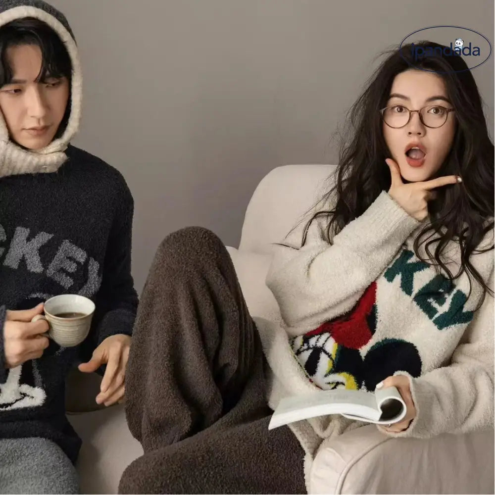 カップル パジャマ 女性用 男性用 冬 カートゥーン ラウンドネック フリース セット ミッキー ルームウェア ID3701 コーディネート＞ペアルック