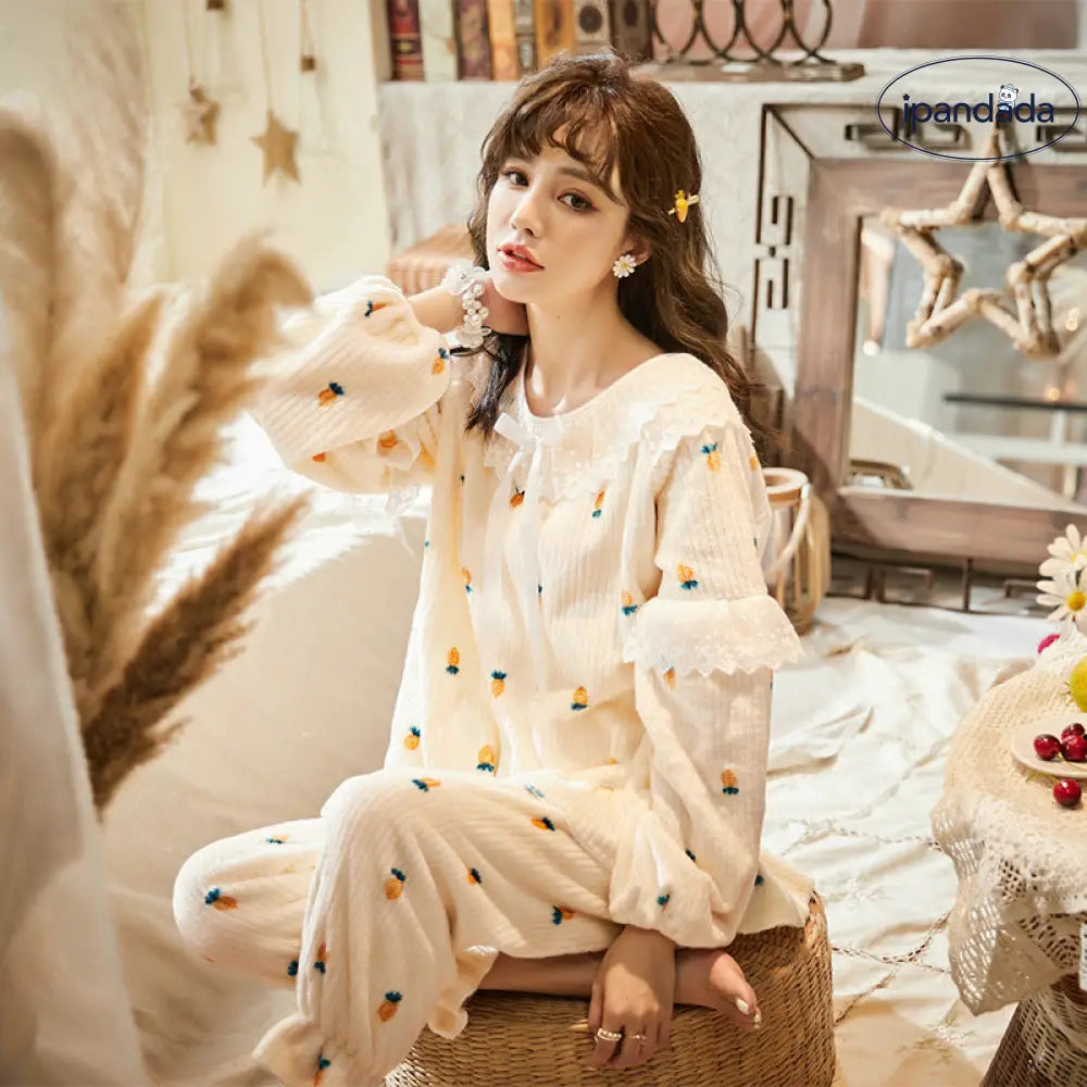 大人気 コーラルフリース レース 小清新 キャロット 保温 フランネル パジャマ レディース 冬用 部屋着 女性 秋冬新作 ID2157