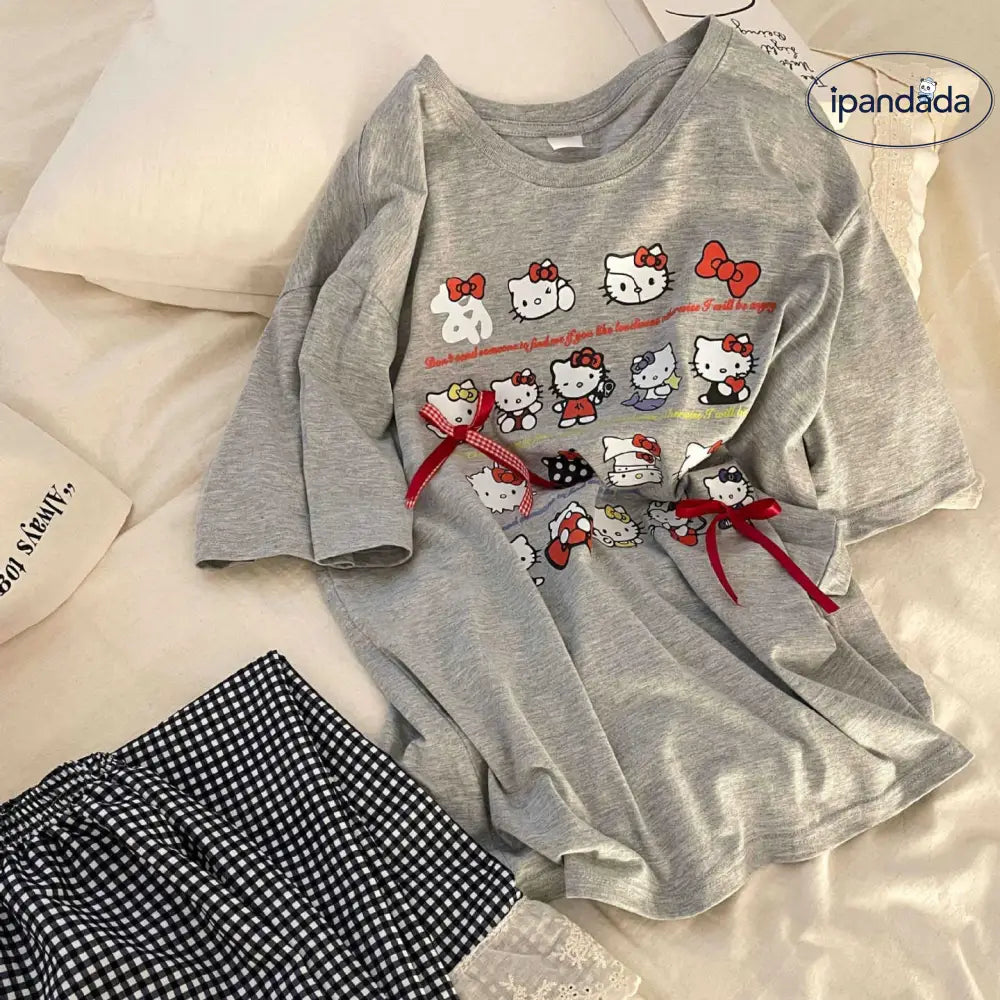 ID881 KITTY 猫柄 パジャマ セットアップ プルオーバー Tシャツ レース パンツ ルームウエア 半袖 トップス リラックス 冷房対策 大きいサイズ レディース＞セットアップ