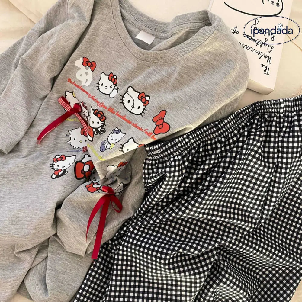 ID881 KITTY 猫柄 パジャマ セットアップ プルオーバー Tシャツ レース パンツ ルームウエア 半袖 トップス リラックス 冷房対策 大きいサイズ レディース＞セットアップ