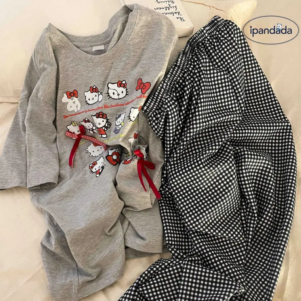 ID881 KITTY 猫柄 パジャマ セットアップ プルオーバー Tシャツ レース パンツ ルームウエア 半袖 トップス リラックス 冷房対策 大きいサイズ レディース＞セットアップ