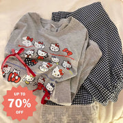 ID881 KITTY 猫柄 パジャマ セットアップ プルオーバー Tシャツ レース パンツ ルームウエア 半袖 トップス リラックス 冷房対策 大きいサイズ レディース＞セットアップ