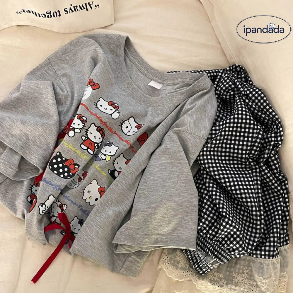 ID881 KITTY 猫柄 パジャマ セットアップ プルオーバー Tシャツ レース パンツ ルームウエア 半袖 トップス リラックス 冷房対策 大きいサイズ レディース＞セットアップ