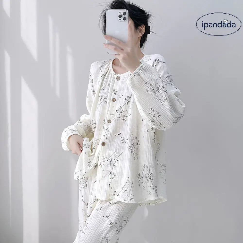 ダブルガーゼ パジャマ セット 春秋 長袖 ゆったり 大きいサイズ ルームウェア 女子 部屋着 肌に優しい 通気性 2点セット 快適 ID4060 レディース＞セットアップ