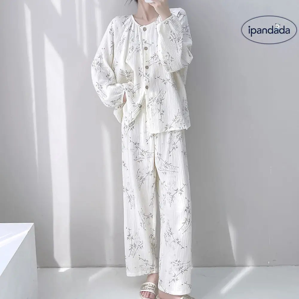 ダブルガーゼ パジャマ セット 春秋 長袖 ゆったり 大きいサイズ ルームウェア 女子 部屋着 肌に優しい 通気性 2点セット 快適 ID4060 レディース＞セットアップ