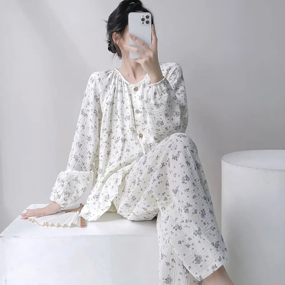 ダブルガーゼ パジャマ セット 春秋 長袖 ゆったり 大きいサイズ ルームウェア 女子 部屋着 肌に優しい 通気性 2点セット 快適 ID4060 タイプ⑥ / L レディース＞セットアップ