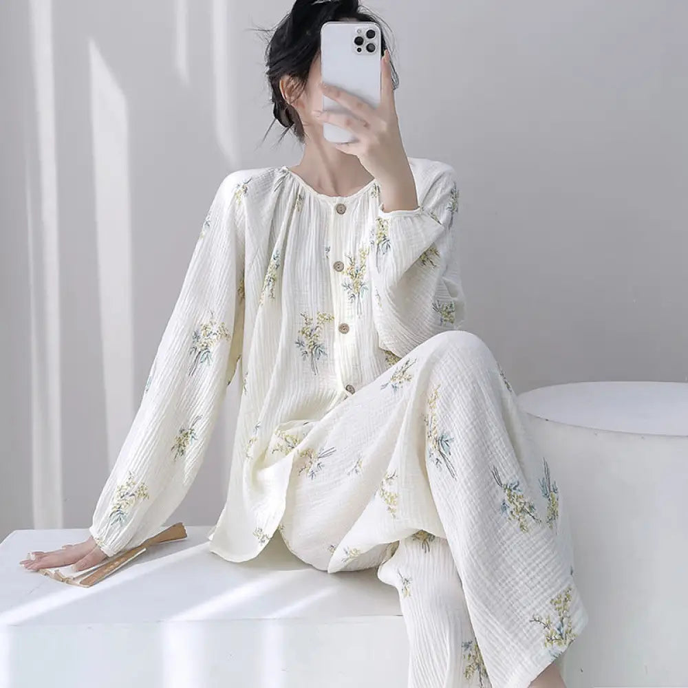 ダブルガーゼ パジャマ セット 春秋 長袖 ゆったり 大きいサイズ ルームウェア 女子 部屋着 肌に優しい 通気性 2点セット 快適 ID4060 タイプ② / L レディース＞セットアップ