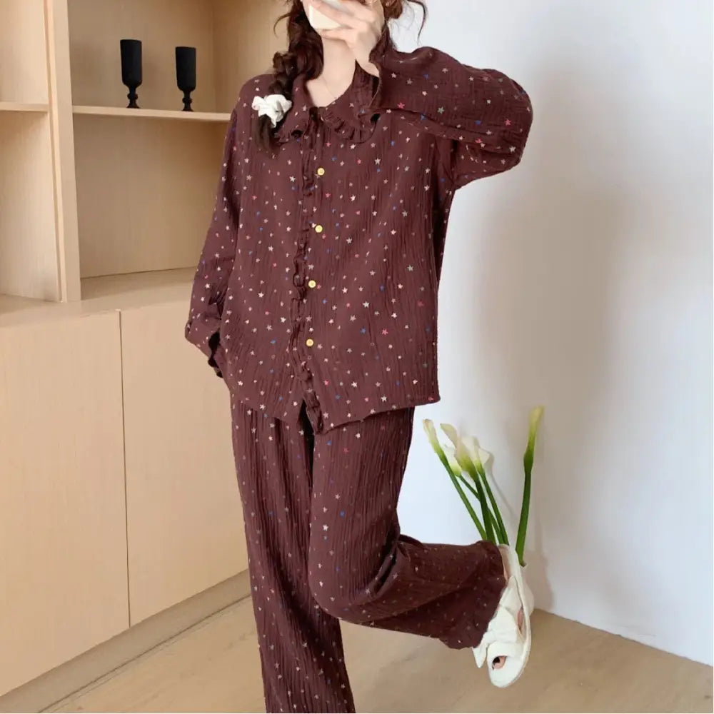 ダブルガーゼ パジャマ セット 春秋 長袖 長ズボン シフォンクレープ ルームウェア ティーン かわいい 2点セット 部屋着 寝間着 ID4110 ブラウン / M レディース＞セットアップ