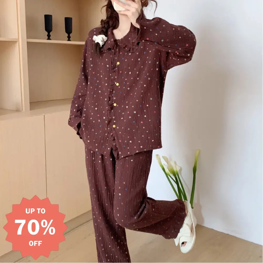 ダブルガーゼ パジャマ セット 春秋 長袖 長ズボン シフォンクレープ ルームウェア ティーン かわいい 2点セット 部屋着 寝間着 ID4110 ブラウン / M レディース＞セットアップ