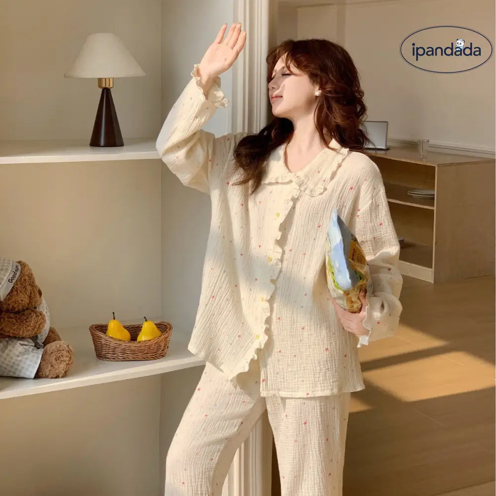 ダブルガーゼ パジャマ セット 春秋 長袖 長ズボン シフォンクレープ ルームウェア ティーン かわいい 2点セット 部屋着 寝間着 ID4110 レディース＞セットアップ