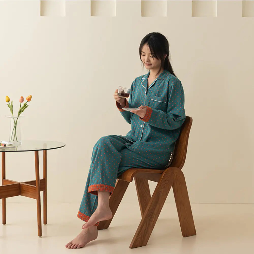 ダブルガーゼ レディース メンズ ペア 長袖 ホームウェア パジャマ 長袖 綿 スラブ カジュアル カップル セット 春秋用 ID4130 女性 ブルー / M コーディネート＞ペアルック