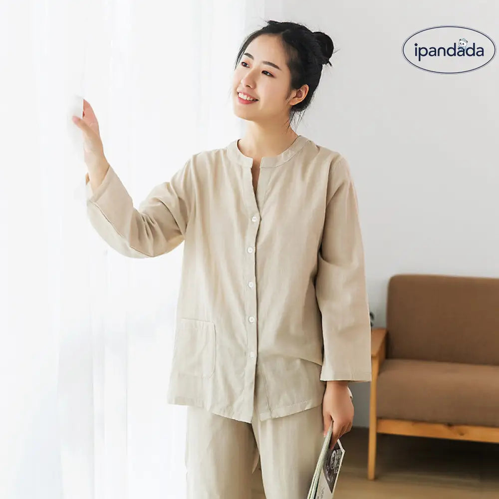 ダブルガーゼ ルームウェア パジャマ レディース メンズ 綿 襟なし 九分袖 長ズボン 春用 夏用 哺乳 敏感肌 高齢者 ふんわり 柔らかい 二重ガーゼ ナイトウェア 前開き 上下セット 部屋着 入院 敬老の日 母の日 ID3949